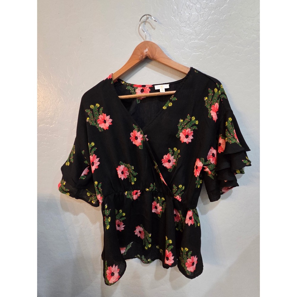 Crescent Cactus Floral Print Faux Wrap Top Black Tiered Ruffle Sleeve Medium